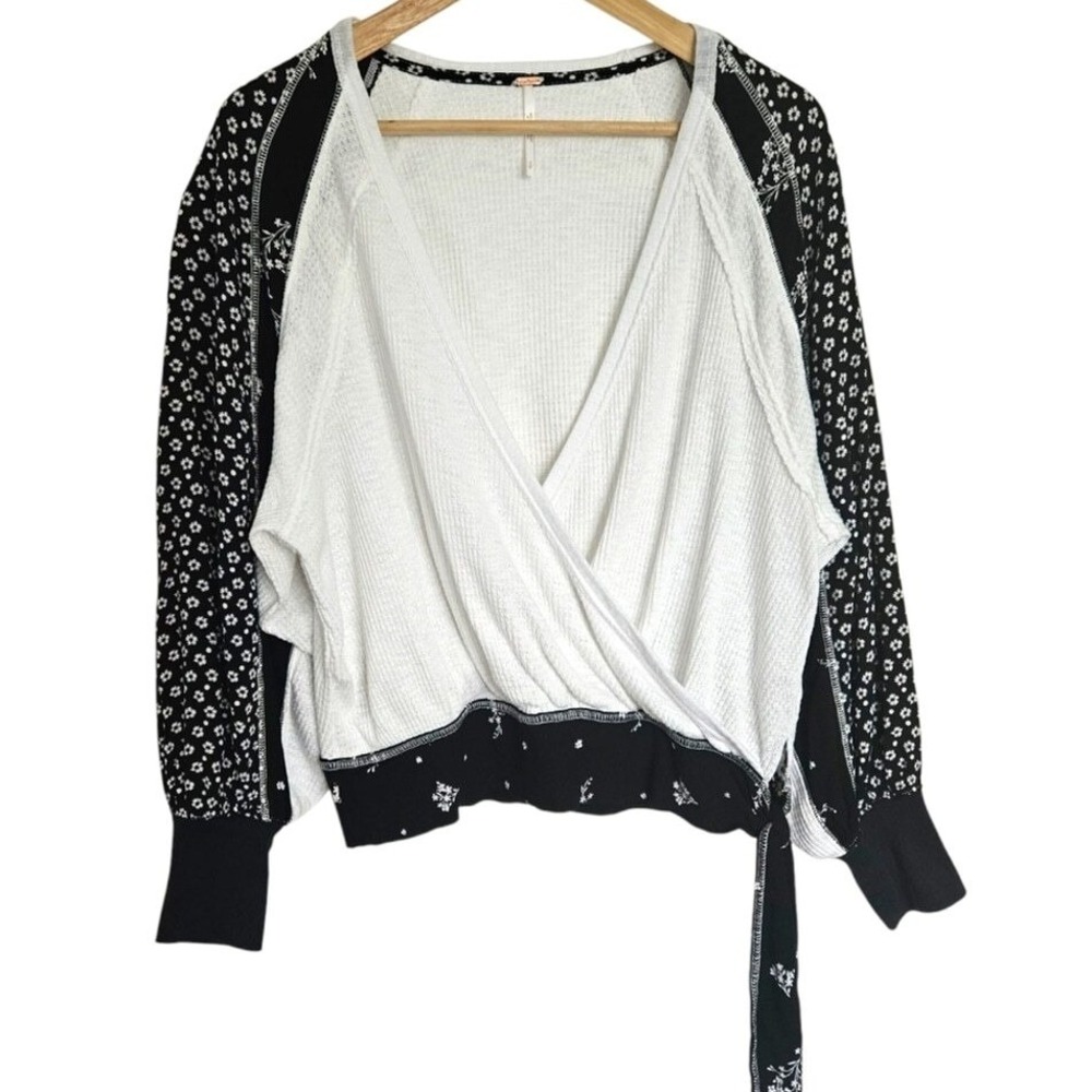 Free People Auxton Thermal Side Tie Top Black & White Waffle Knit‎ Small